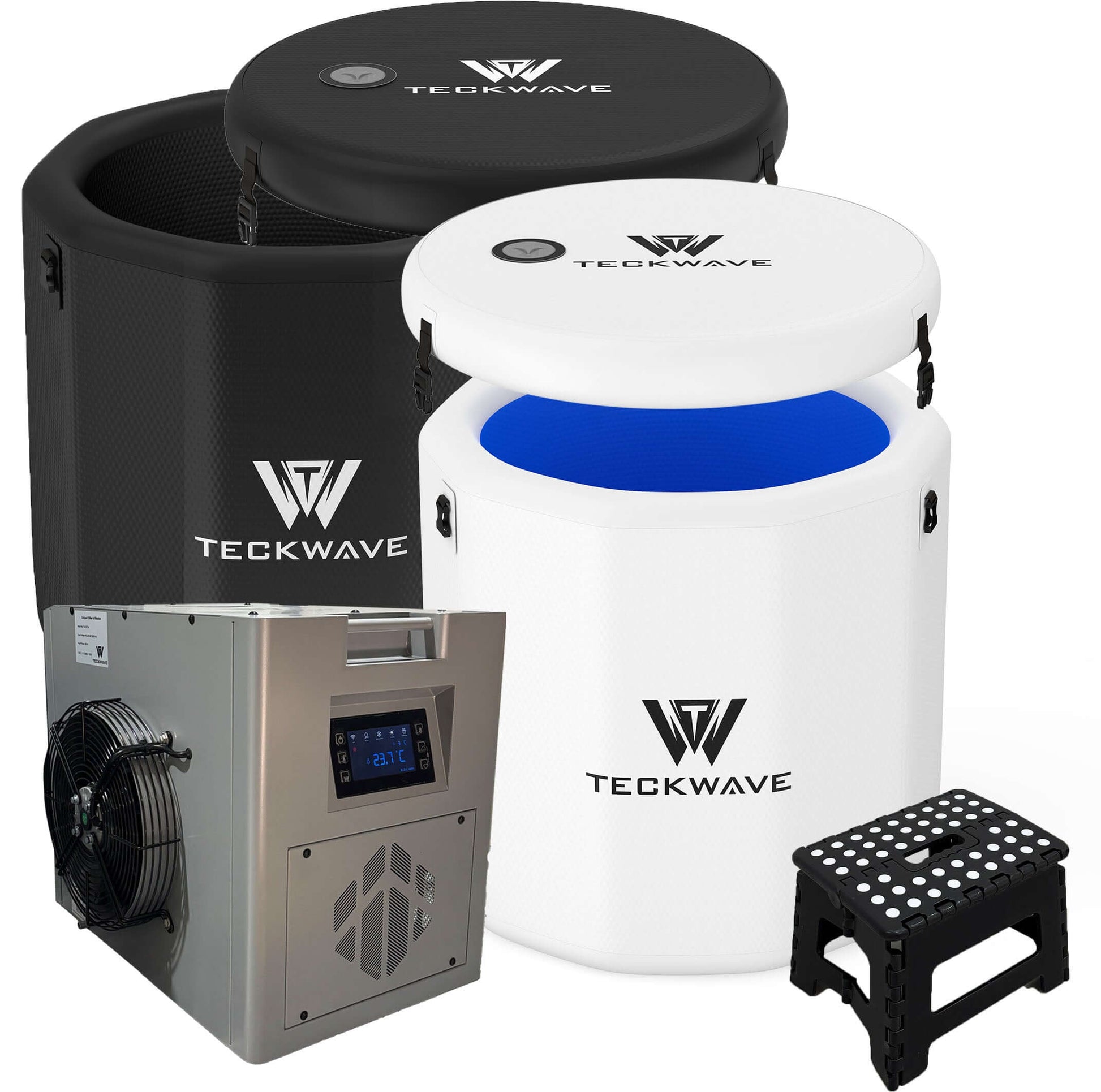 Barrel ice bath and cold plunge system with chiller and filtration, featuring TECKWAVE app integration.