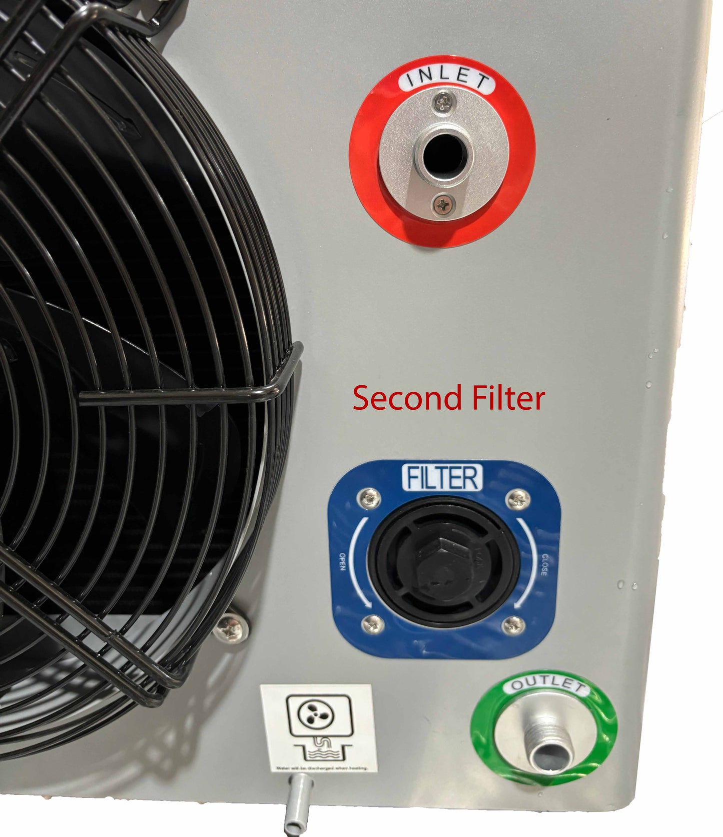 TW-ICE50x components showing inlet, second filter, and outlet for efficient ice bath cooling.
