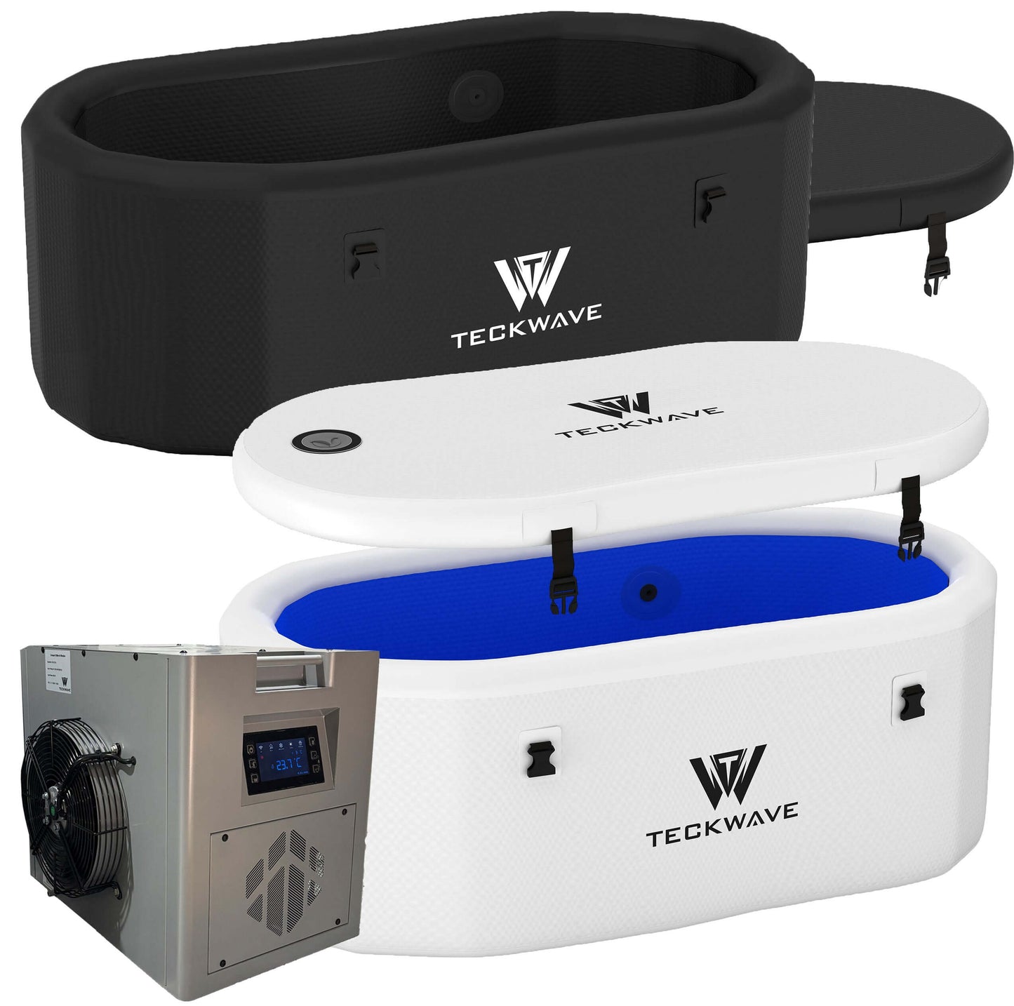 Extra Large Ice Bath with Chiller & Filtration system from TECKWAVE for cold plunge therapy.