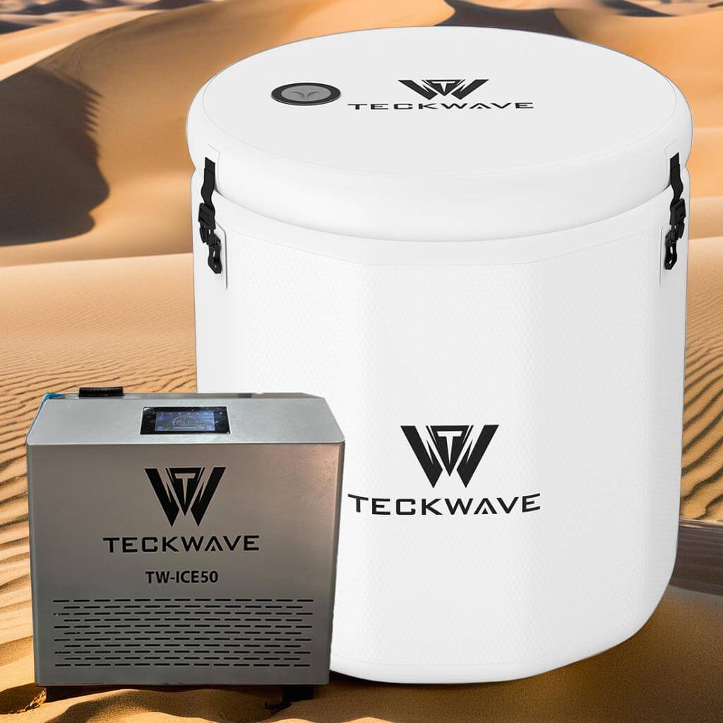 Barrel ice bath with chiller and filtration, portable cold plunge system by TECKWAVE.