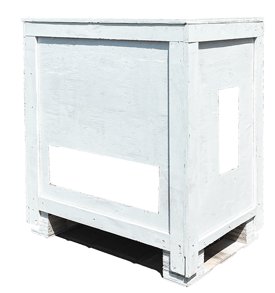 Ice bath chiller protective wooden crate designed for airflow and protection from the elements.