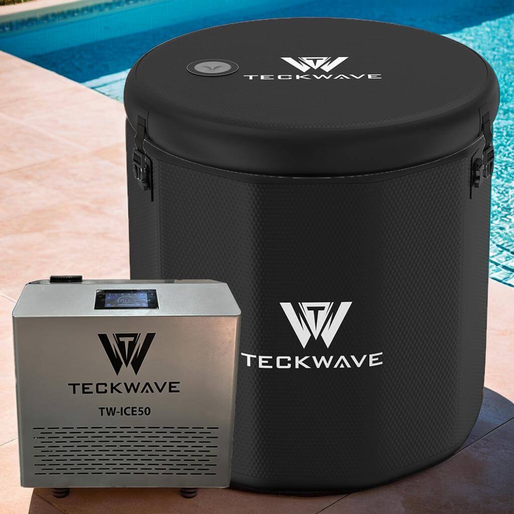 Barrel ice bath with TECKWAVE chiller and filtration system beside a pool for an ultimate cold plunge experience.