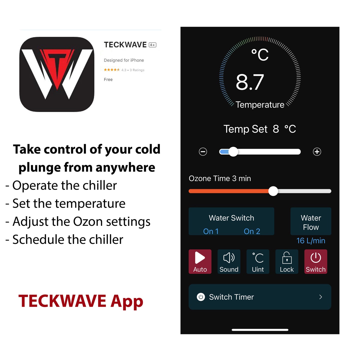 TECKWAVE App interface showing temperature settings and controls for ice bath chiller operation.