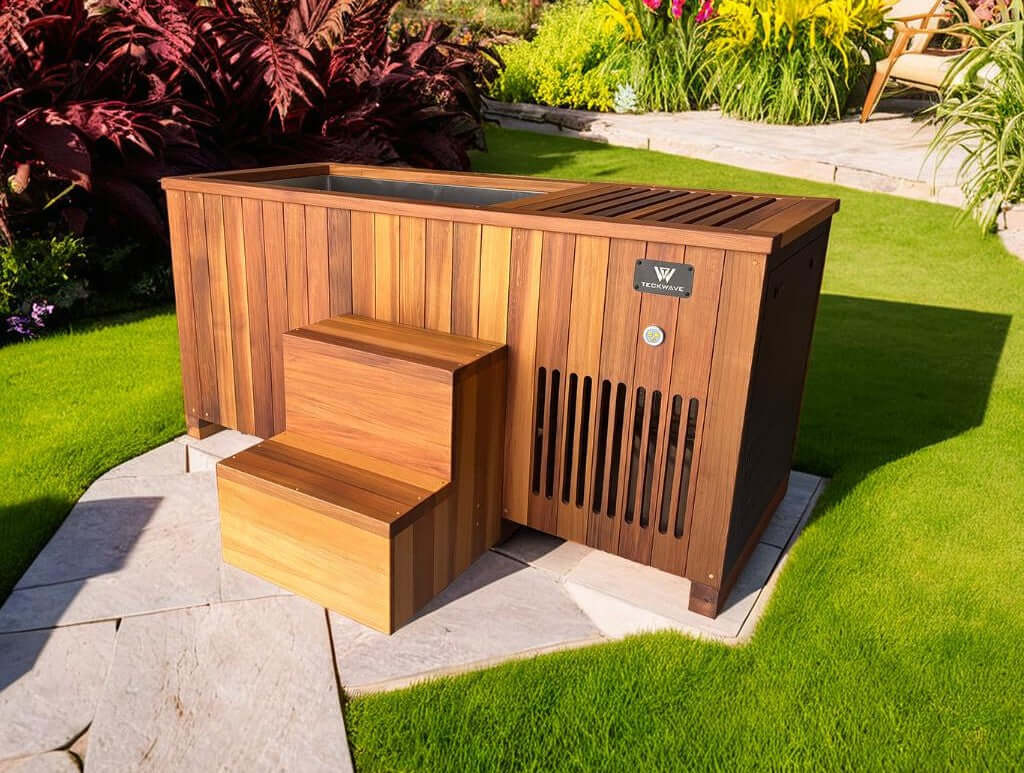 Imperial ice bath made of Canadian red cedar with chiller and filtration system in a garden setting.