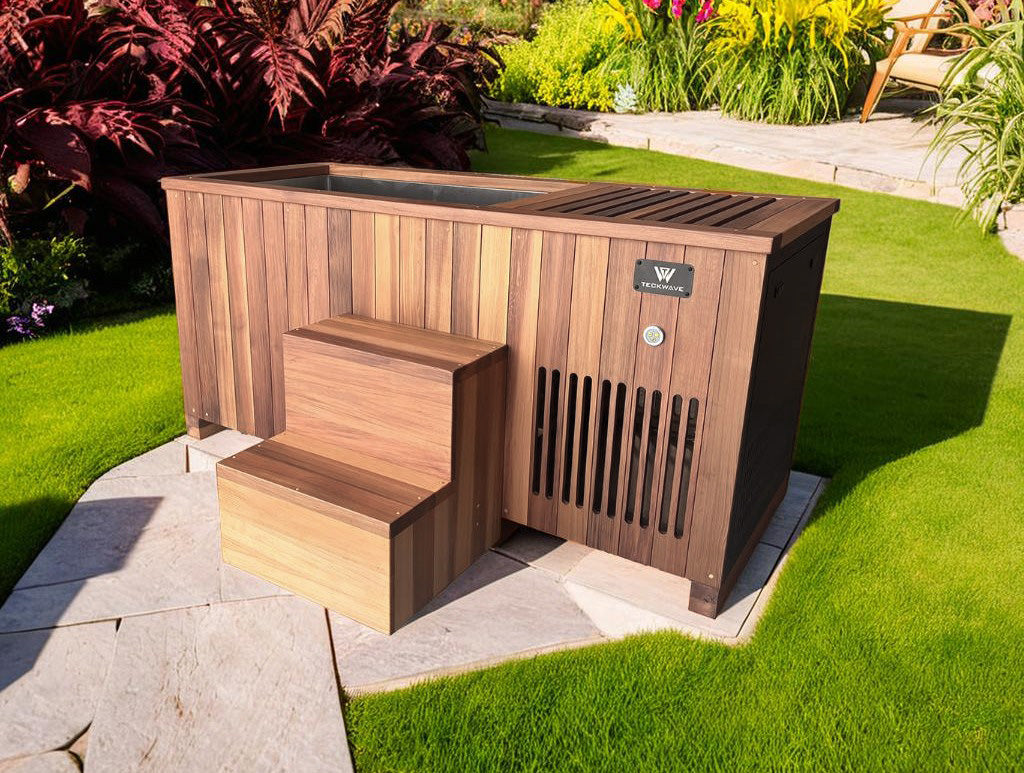 Imperial ice bath made of Canadian red cedar with chiller and filtration system in a garden setting.