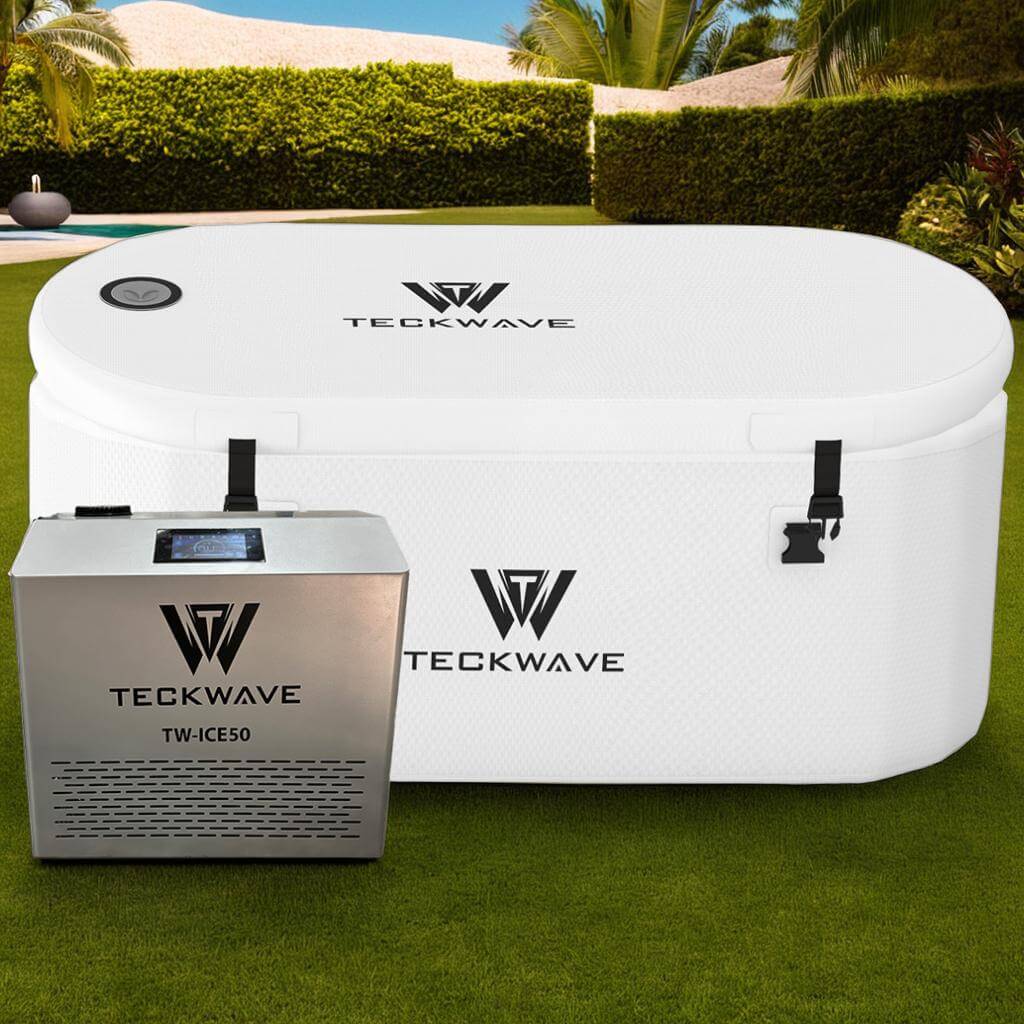 Extra large ice bath and chiller with TECKWAVE branding in an outdoor setting.