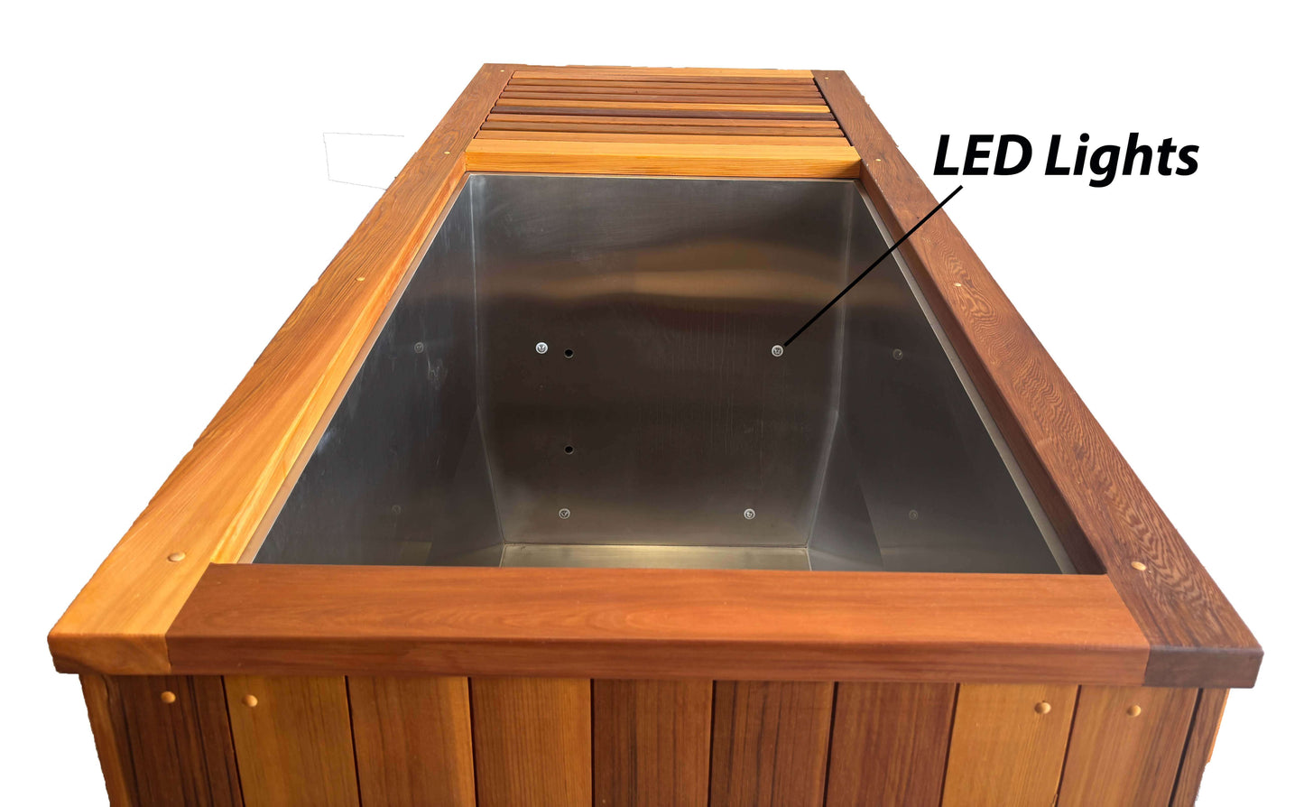 Imperial Ice Bath showcasing LED lights and stainless steel interior design with Canadian red cedar wood.