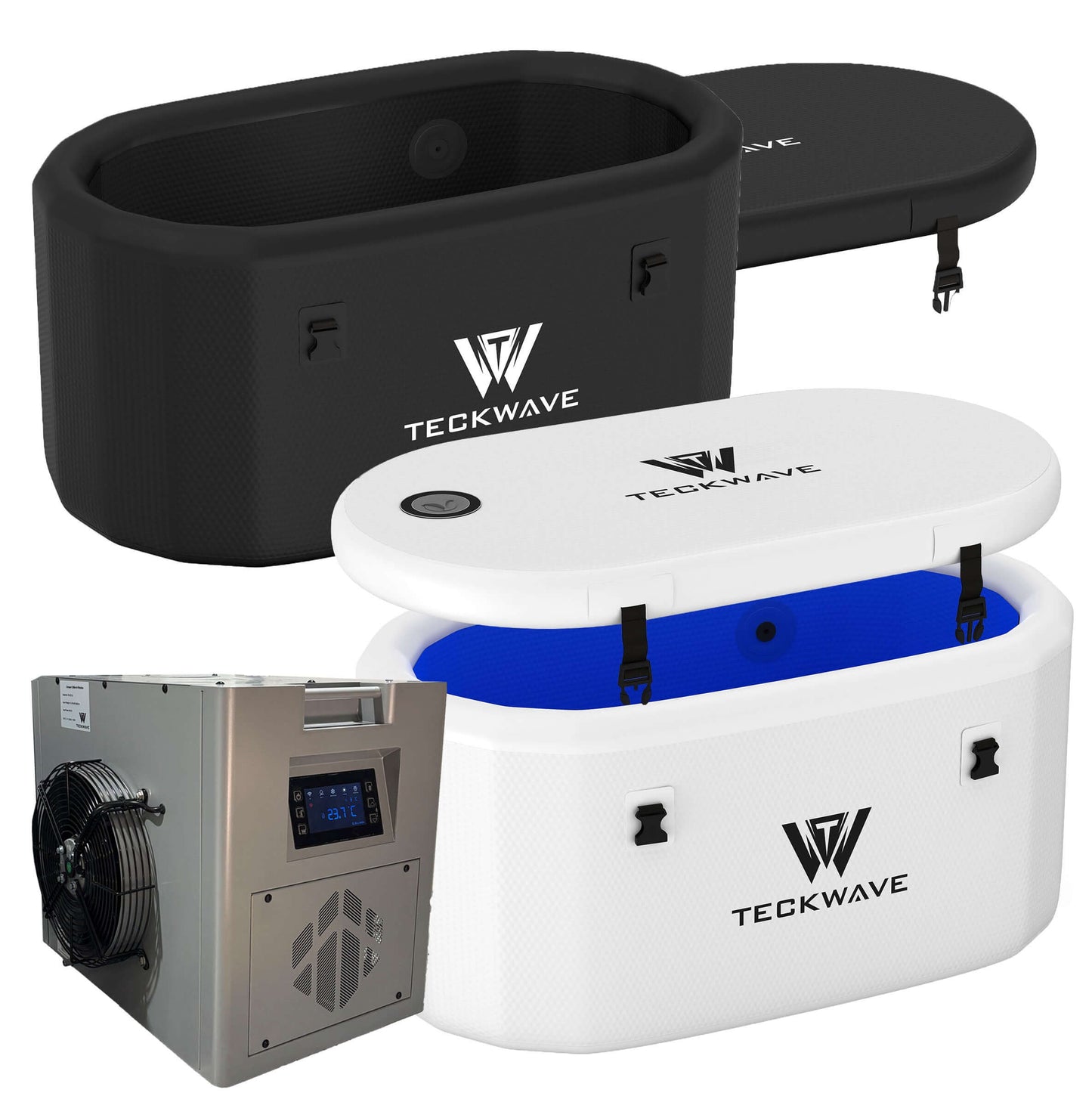 Extra wide ice bath and cold plunge setup with chiller and filtration, featuring TECKWAVE branding.