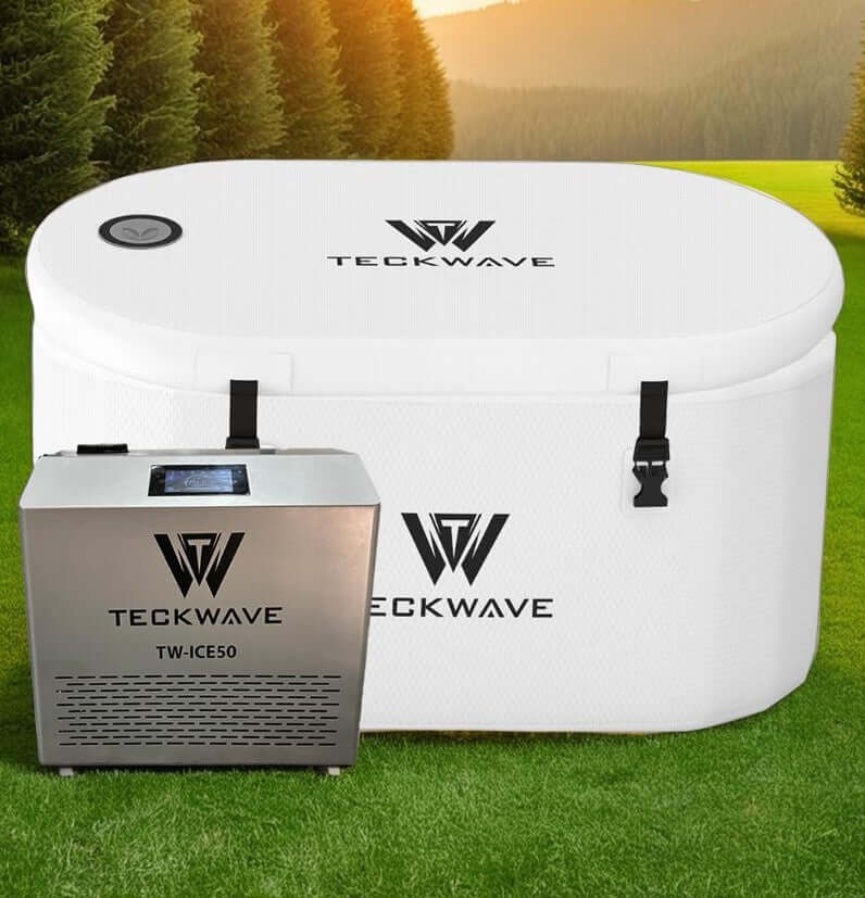 Extra Wide Ice Bath with TECKWAVE chiller on grass, high quality military grade PVC design for cold plunge therapy.