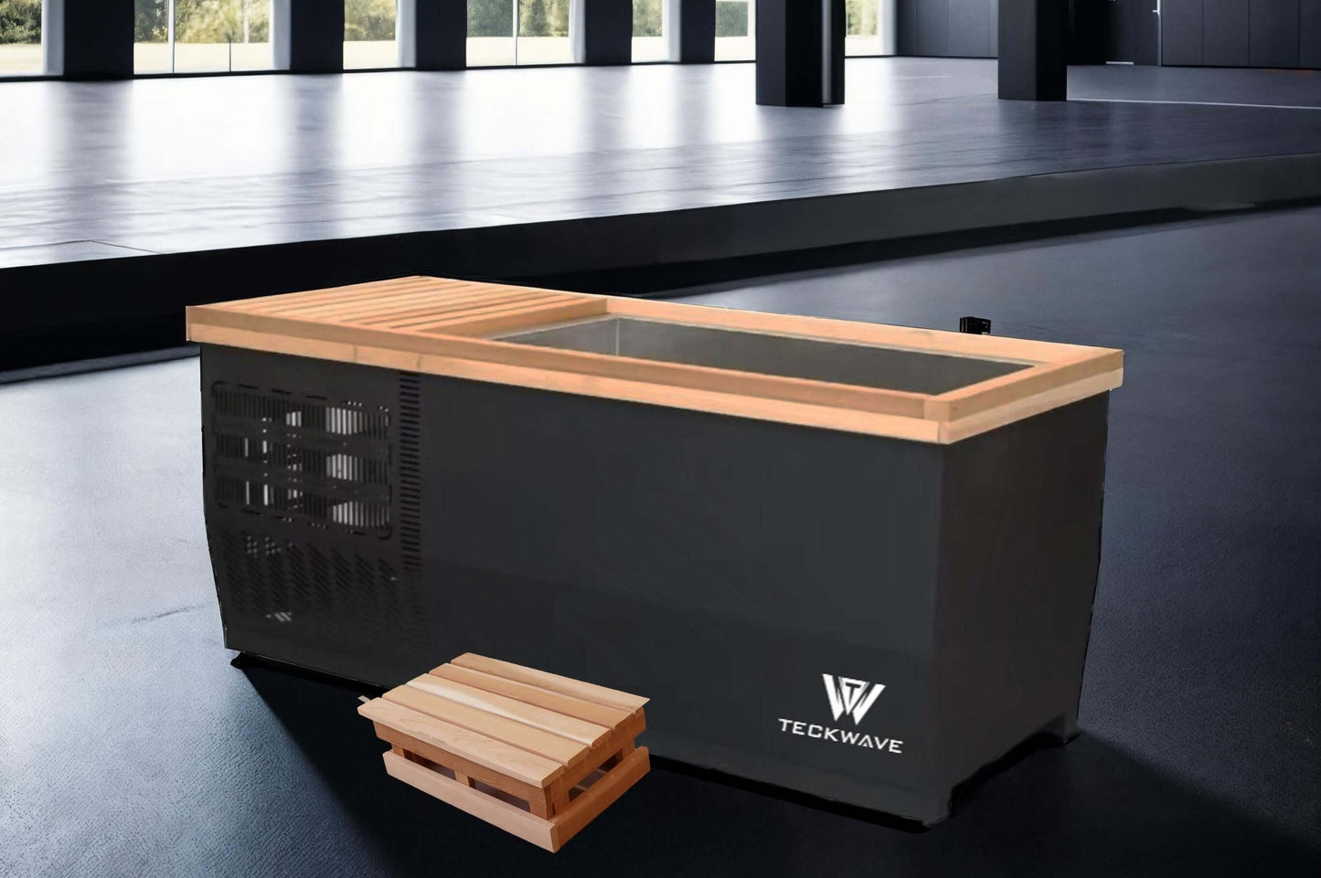 Signature ice bath with wooden lid and chiller, perfect for cold plunge therapy at home.