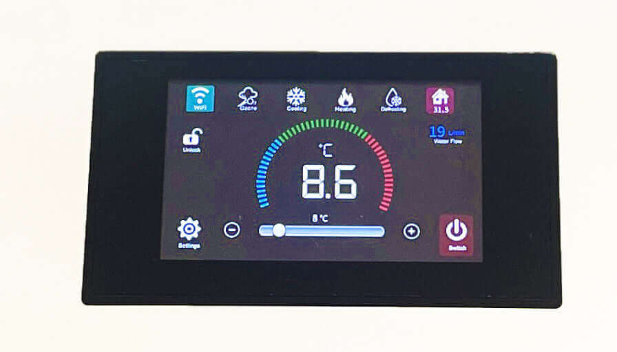 Digital display of Prestige Ice Bath showing temperature at 8.6°C and various control settings.