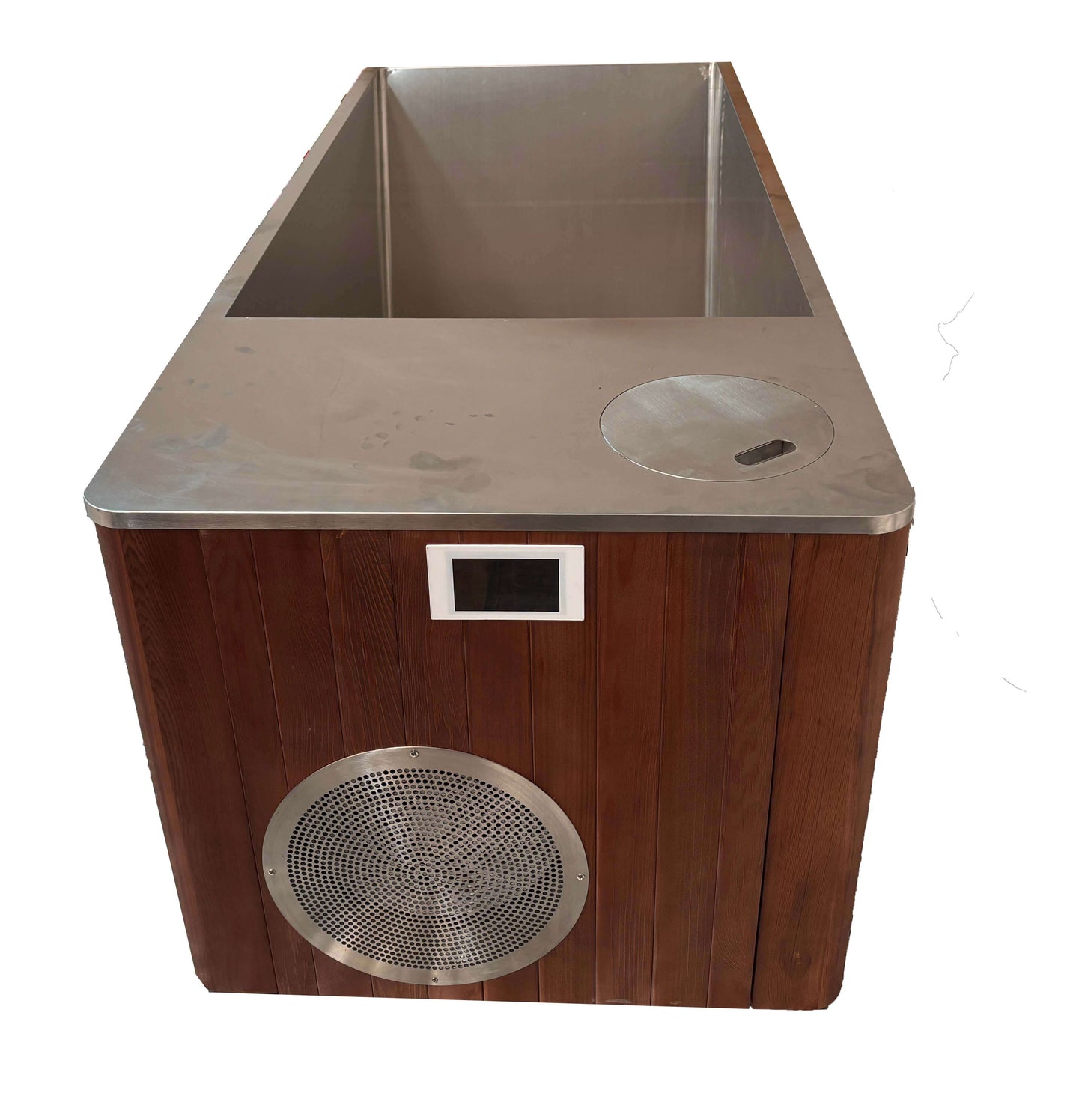 Integrated All in One Prestige Ice Bath with Chiller featuring a sleek stainless steel lid and wooden exterior.