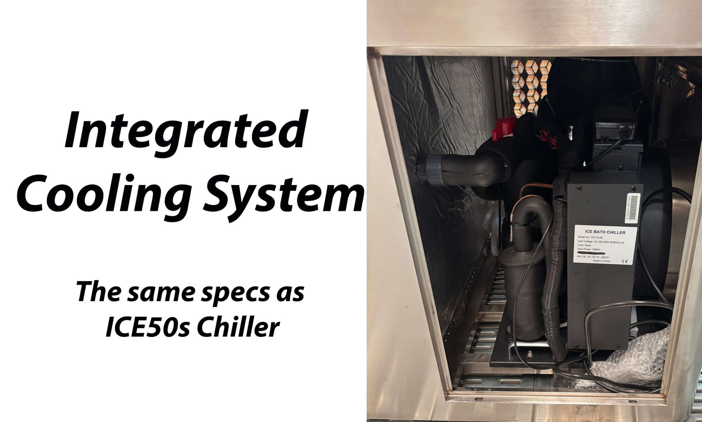 Integrated cooling system of the ice bath showcasing high-performance specifications of the ICE50s chiller.