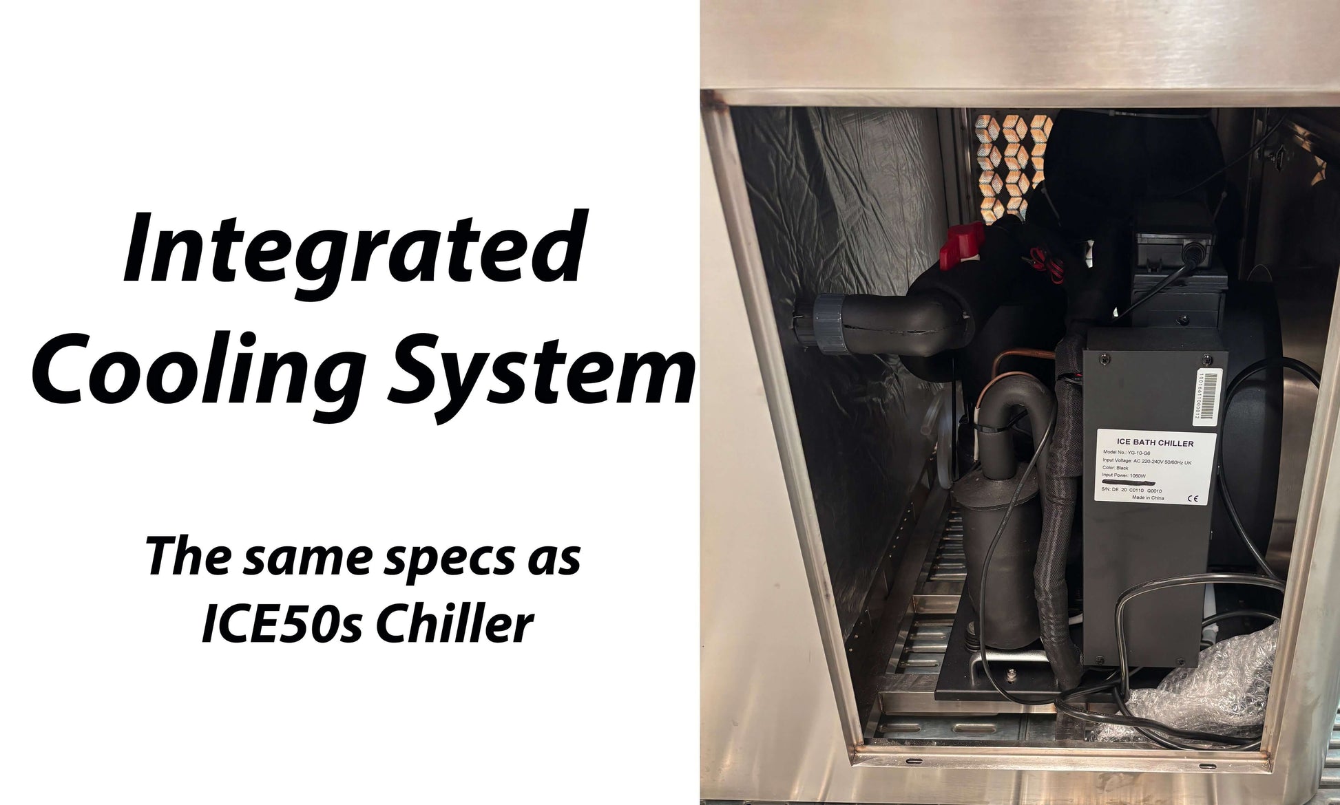 Integrated cooling system of the ice bath showcasing high-performance specifications of the ICE50s chiller.