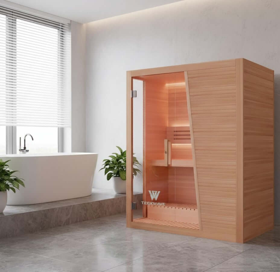 UrbanRetreat Traditional Sauna made from Canadian Hemlock, perfect for indoor wellness routines.