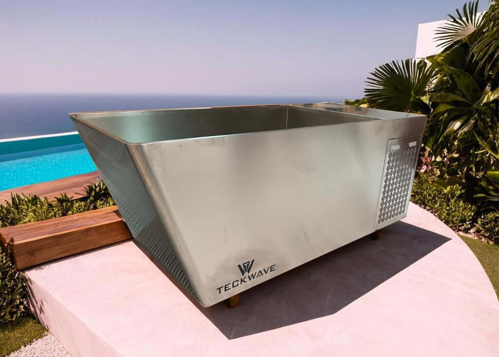 Integrated All in One Cyber Plunge Ice Bath with chiller, featuring a stainless steel body and modern design, perfect for ice bath therapy.