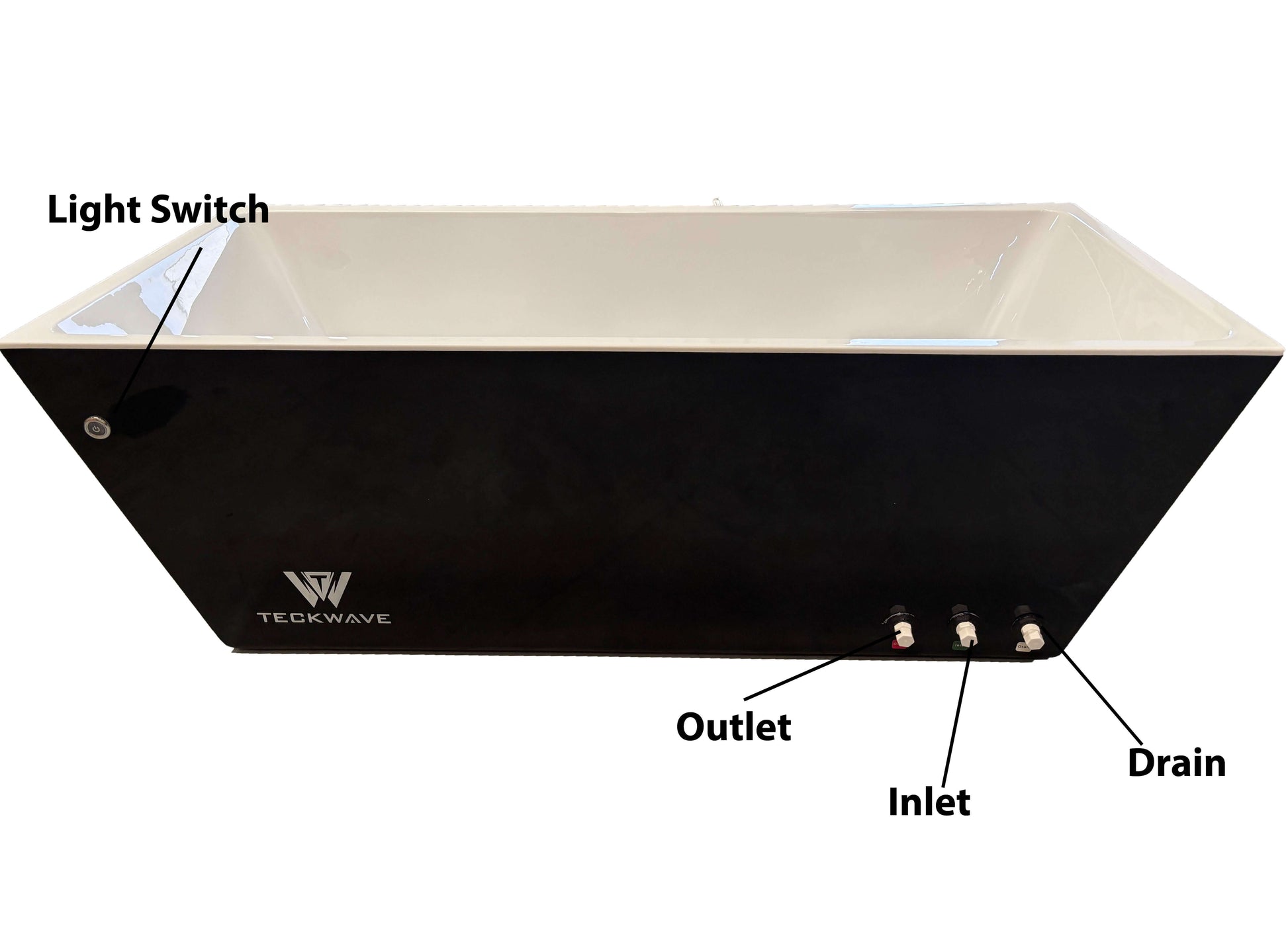 The Elegance ice bath showing light switch, outlet, inlet, and drain features for optimal cold plunge experience.