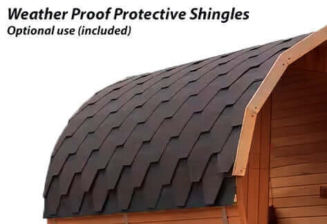 Weather proof protective shingles on an outdoor sauna for enhanced durability and protection.