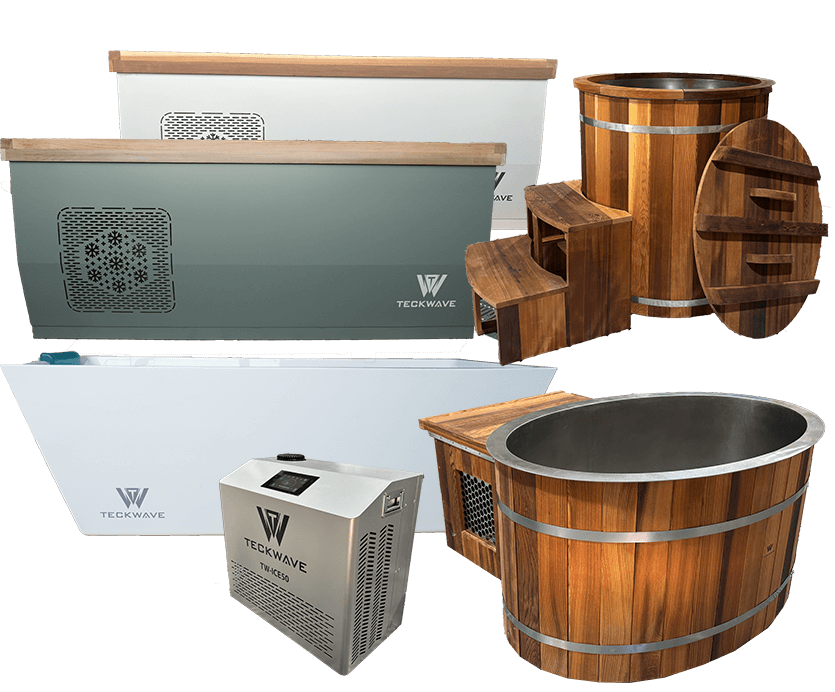 TECKWAVE premium ice bath and cold plunge range of products with chiller for hot climate such as UAE, Dubai, Abu Dhabi, Saudi Arabia, Qatar, Oman, Kuwait and Bahrain