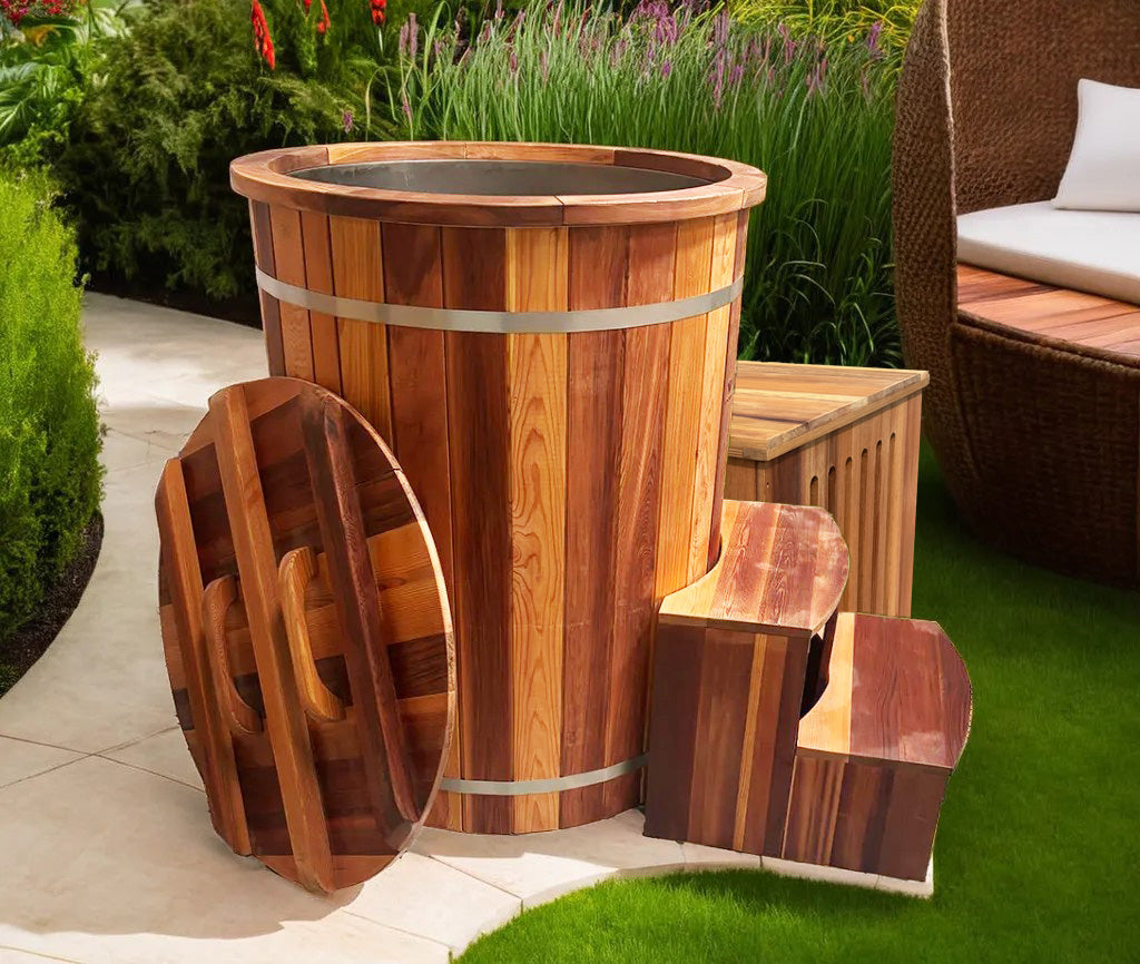 Crafted from highest quality Western red cedar, our extra tall Artisan ice bath & cold plunge combo pairs a compact cold plunge chiller and filtration system with high performance and luxury.