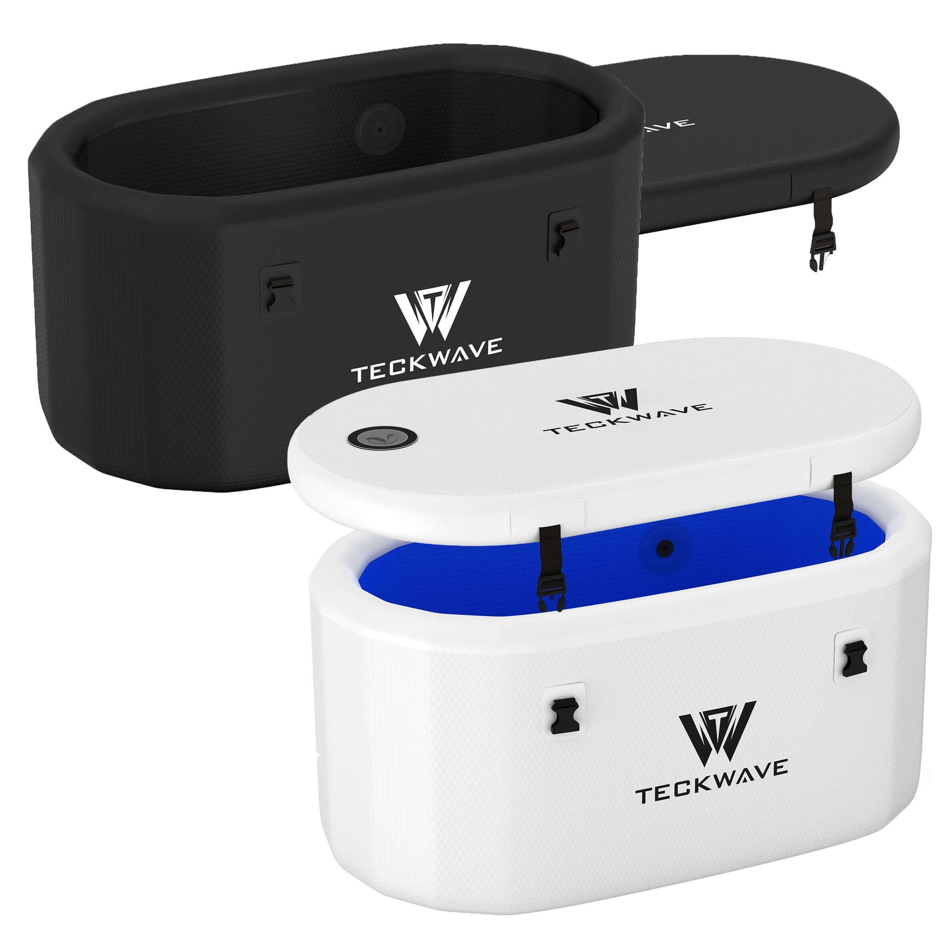Extra wide portable ice bath in black and white with blue interior, made from durable military grade PVC.