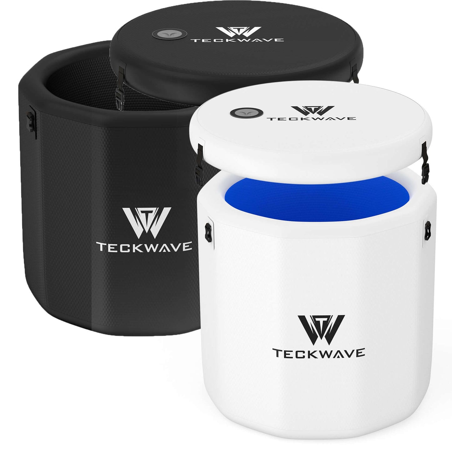 Portable barrel ice bath by TECKWAVE in black and white, featuring a blue interior, ideal for cooling and insulation.