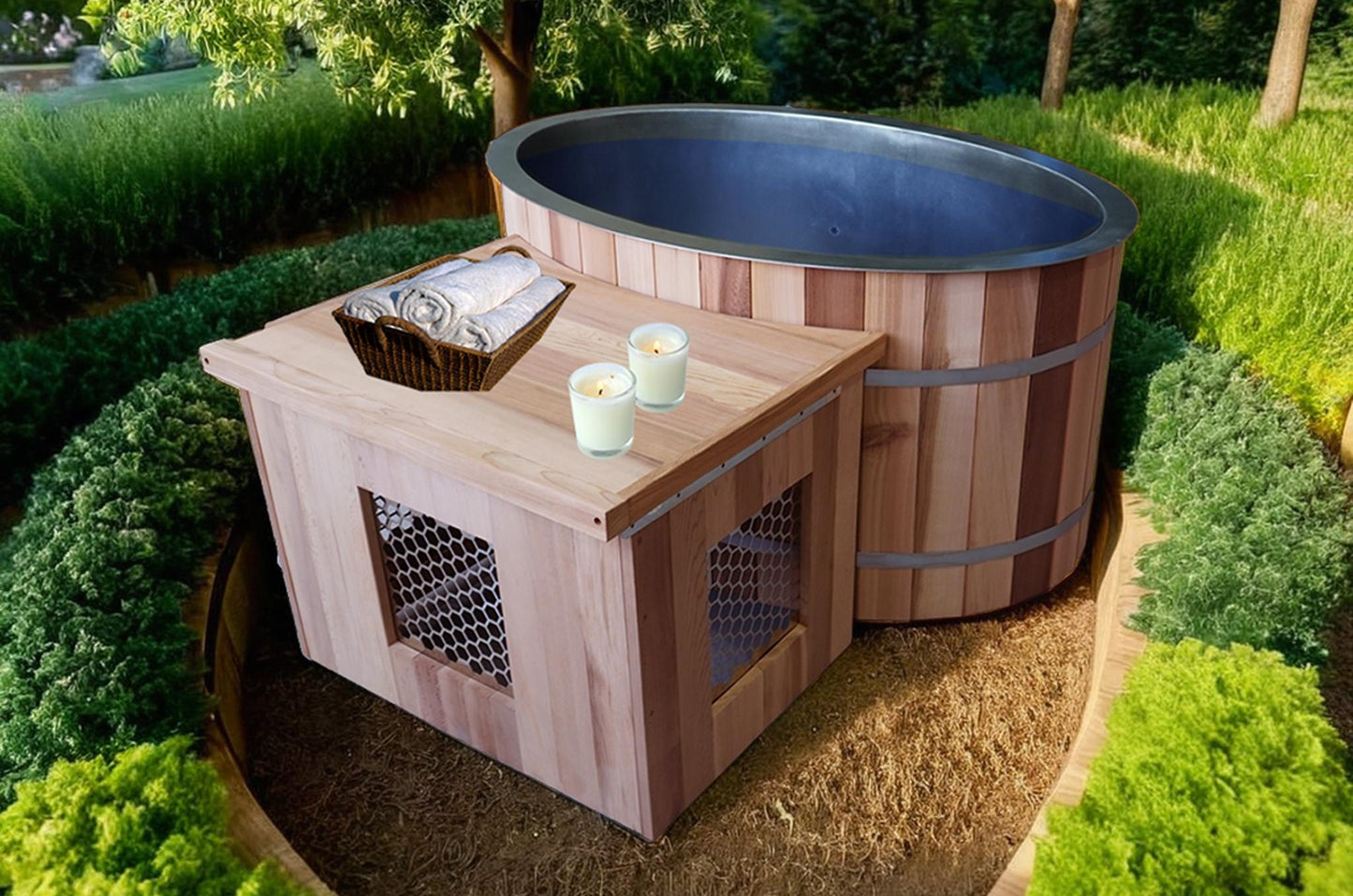Rustic Oval Ice Bath with Chiller (Natural Cedar)