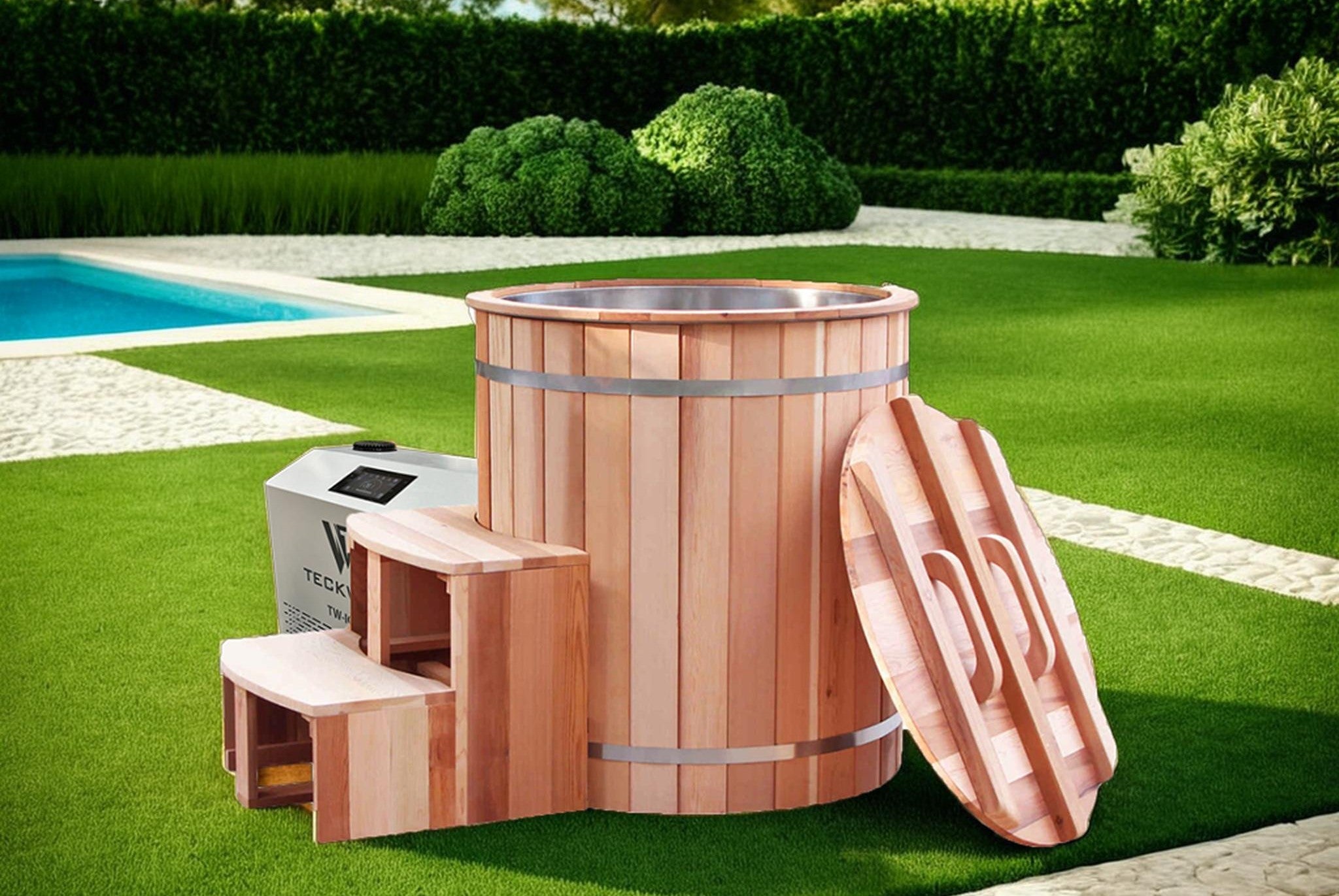 Crafted from highest quality Western red cedar, our extra tall Artisan ice bath & cold plunge combo pairs a compact cold plunge chiller and filtration system