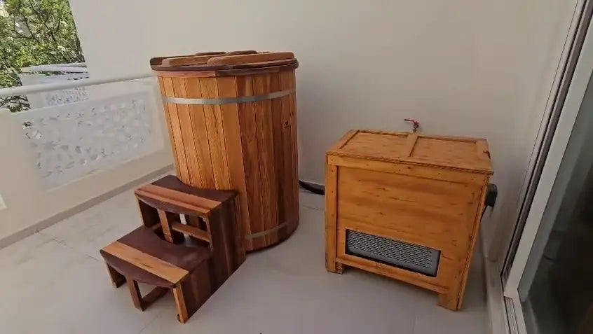 New Artisan Barrel ice bath & cold plunge with chiller protective crate 