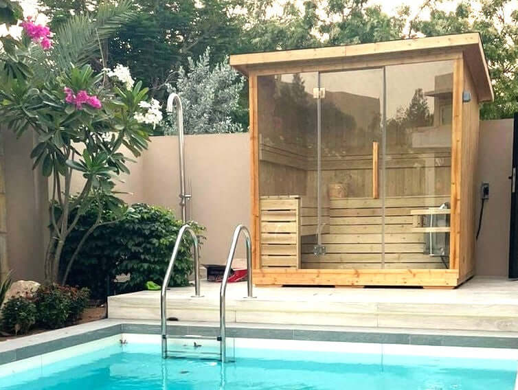 TECKWAVE ThermoElite Vista Sauna in front of a pool